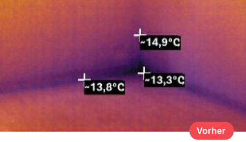 Thermografieaufnahme einer Raumecke mit Kaltstelle – Oberflächentemperaturen unter 15 °C, erhöhtes Schimmelrisiko durch Feuchtigkeitseinlagerung