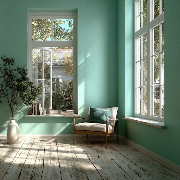 Heller Raum mit mintgrünen Wänden, großen weißen Fenstern, Holzfußboden und Sessel im minimalistischen Stil – natürliche Beleuchtung und schimmelgefährdeter Fensterbereich